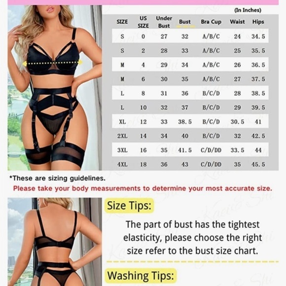 NWT - Kaei & Shi Black Sheer Garter 4 Piece Thong Lingerie Set - Picture 3 of 8